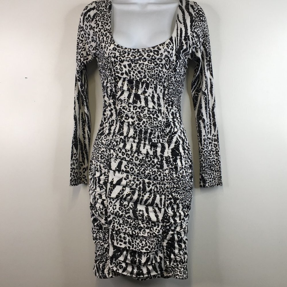 NWT Arden B Long Sleeve Pleated Cheetah Black and White Dress Size S